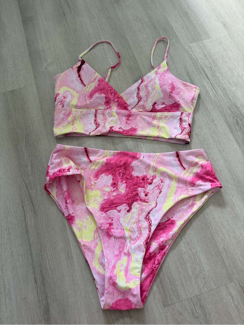 SHEIN Pink & Yellow Marble Print High Waist Bikini Set
